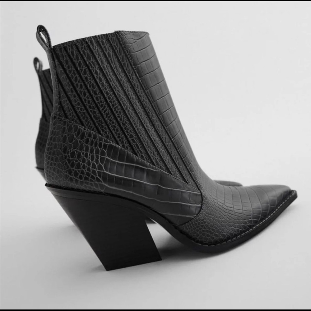 Zara animal print cowboy heeled ankle boots